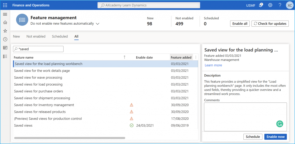 D365FO Feature Management workspace Filtered Saved views